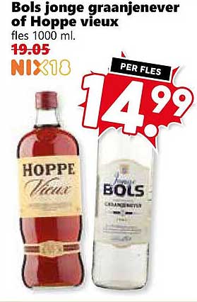 Bols jonge graanjenever of Hoppe vieux fles 1000 ml.