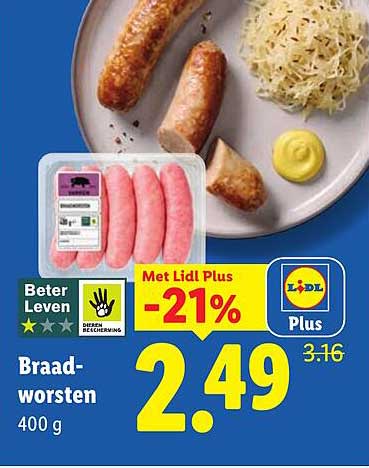 Braadworsten 400 g Met Lidl Plus -21%