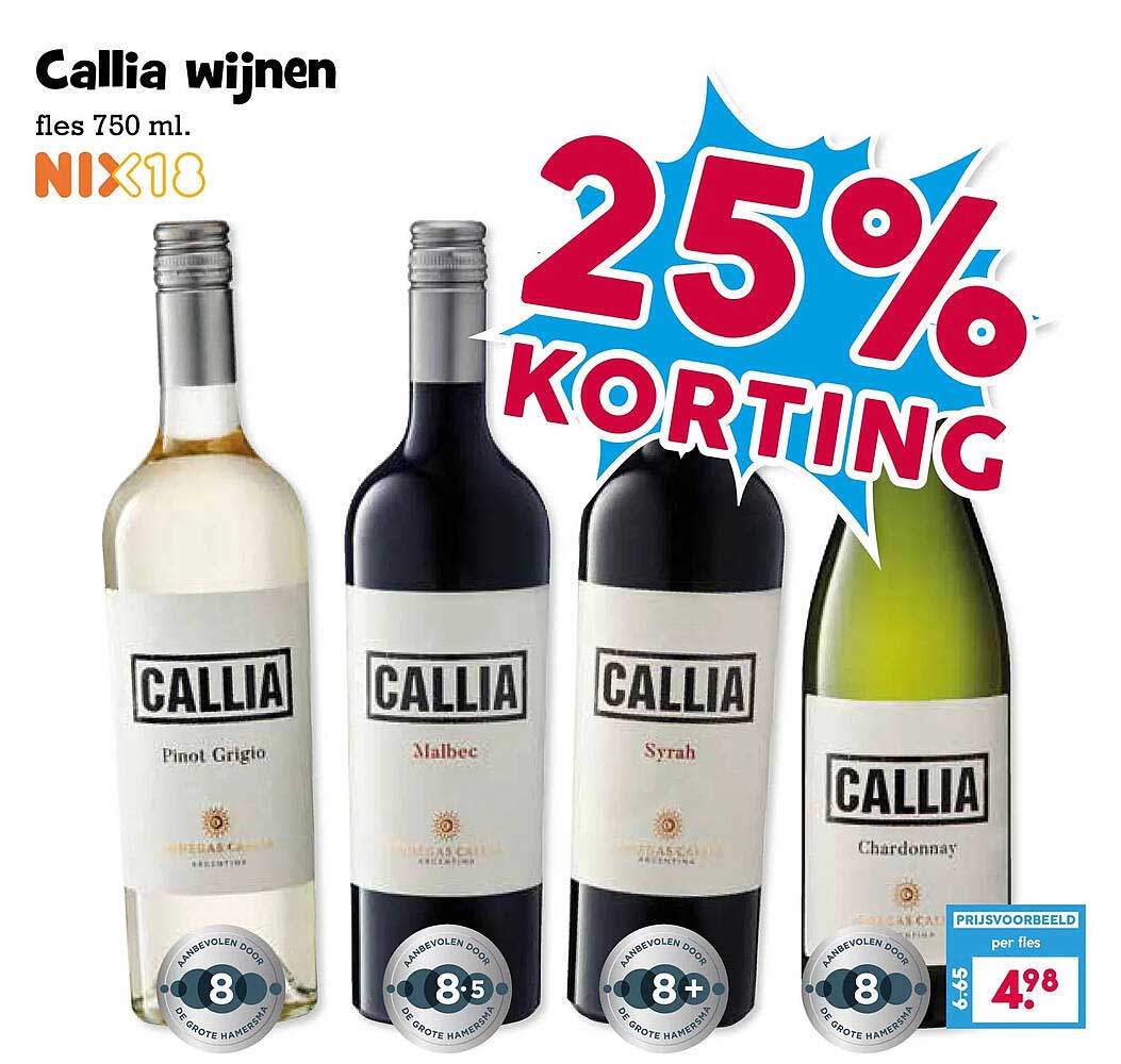 Callia wijnen fles 750 ml. NIX18 25% KORTING