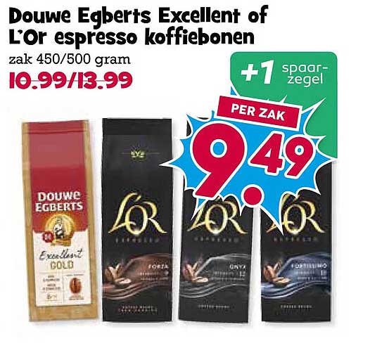 Douwe Egberts Excellent of L'Or espresso koffiebonen zak 450/500 gram +1 spaarzegel PER ZAK