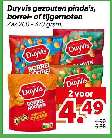 Duivis gezouten pinda’s, borrel- of tijgernoten 2 voor 4.49
