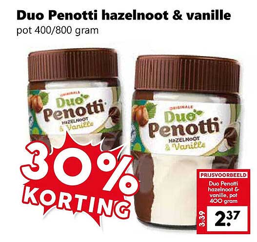 Duo Penotti hazelnoot & vanille pot 400/800 gram 30% KORTING