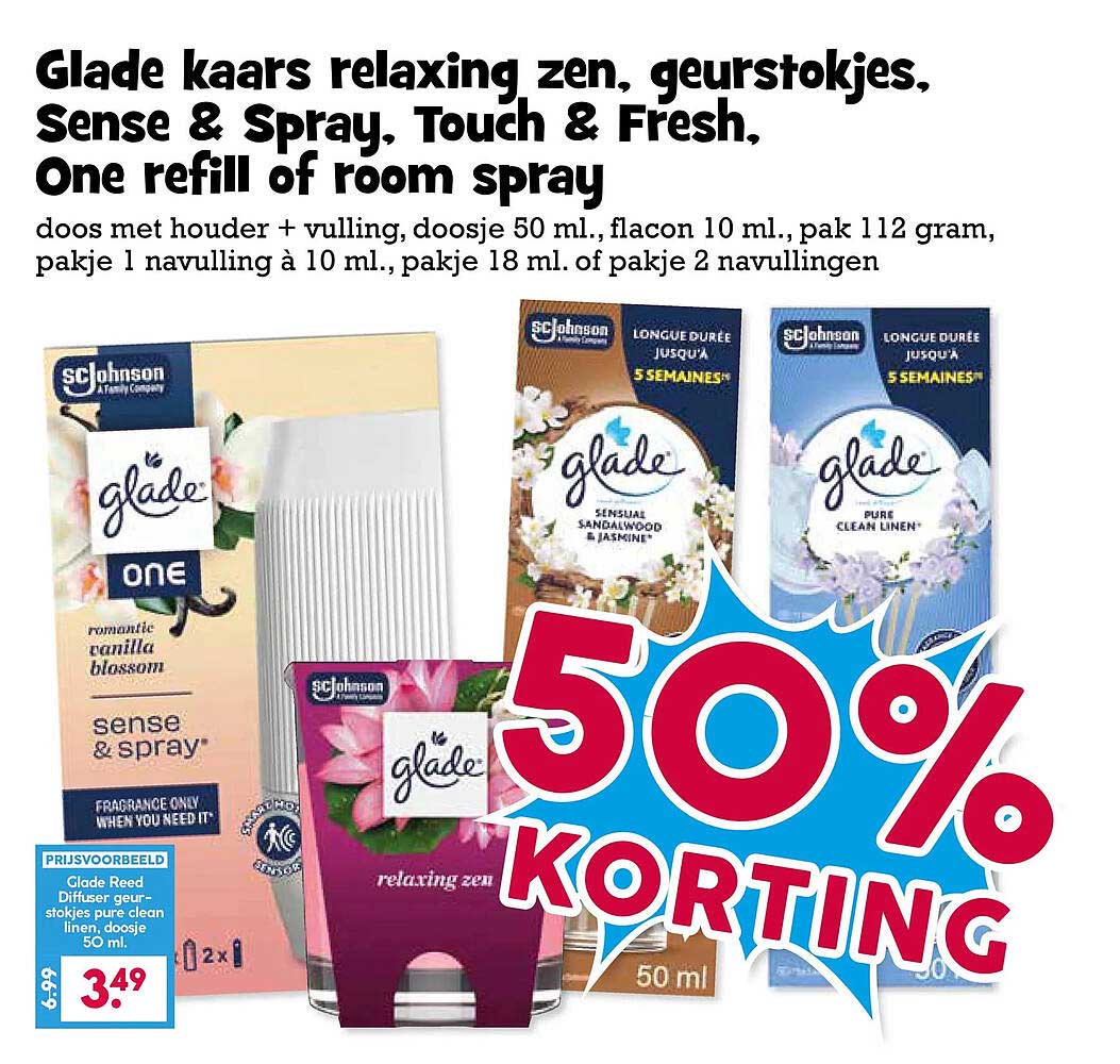Glade kaars relaxing, zen, geurstokjes, Sense & Spray, Touch & Fresh, One refill of room spray 50% KORTING