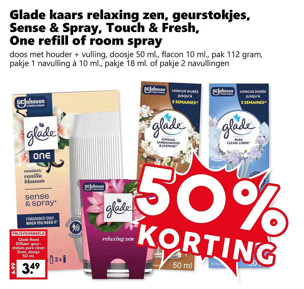 Glade kaars relaxing zen, geurstokjes, Sense & Spray, Touch & Fresh, One refill of room spray 50% KORTING