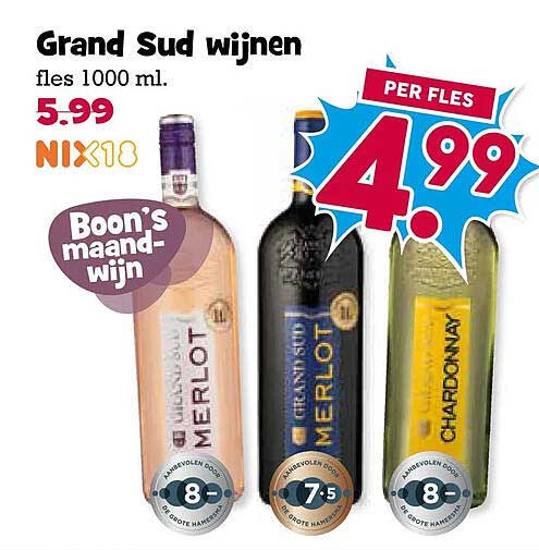 Grand Sud wijnen fles 1000 ml. NIX18 Boon’s maand-wijn PER FLES