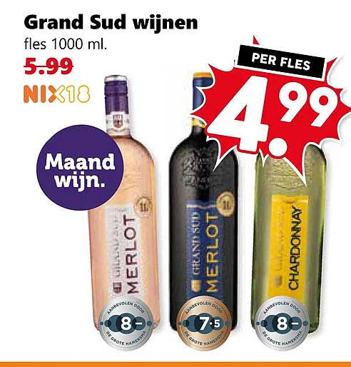 Grand Sud wijnen fles 1000 ml. PER FLES