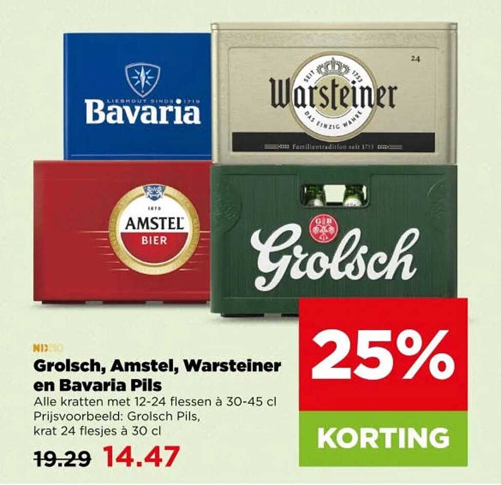 Grolsch, Amstel, Warsteiner en Bavaria Pils 25% KORTING