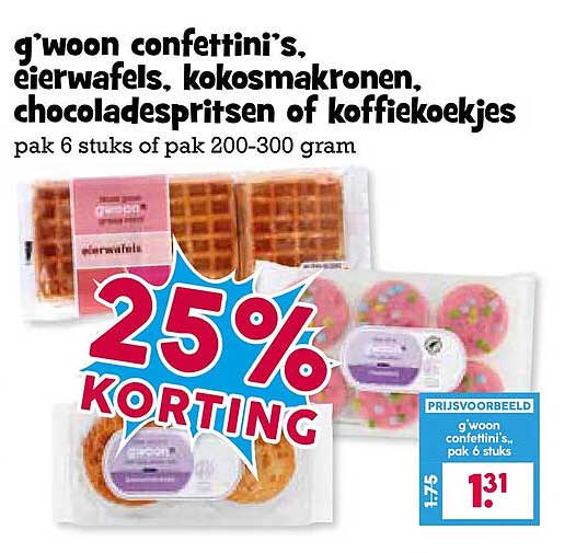 g'woon confetti's, eierwafels, kokosmakronen, chocoladespritsen of koffiek koekjes 25% KORTING