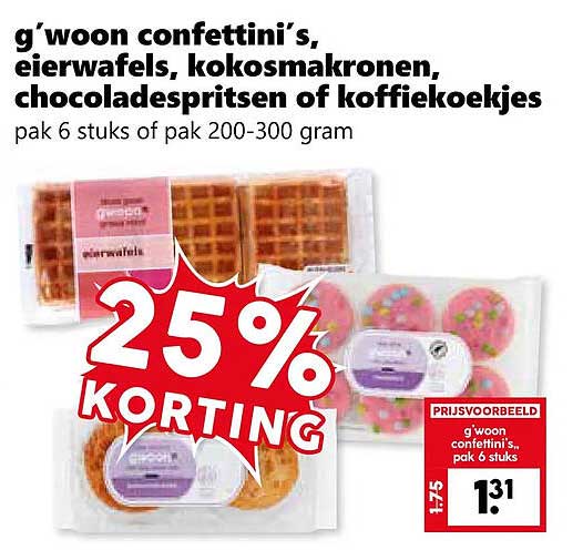 g’woon confetti’s, eierwafels, kokosmakronen, chocoladespritsen of koffiekoekjes 25% korting