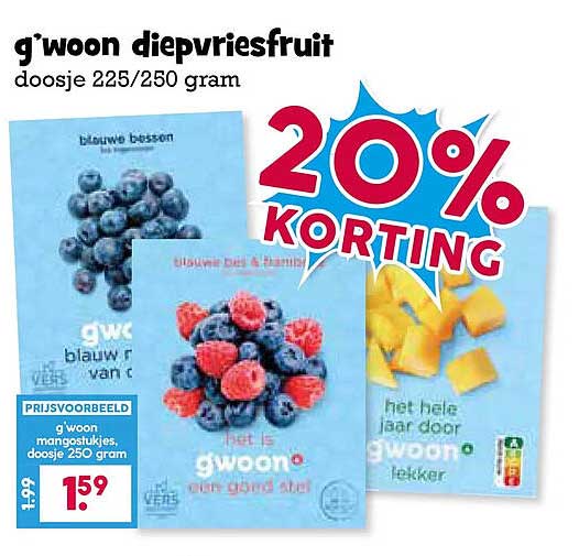 g'woon diepvriesfruit doosje 225/250 gram 20% KORTING