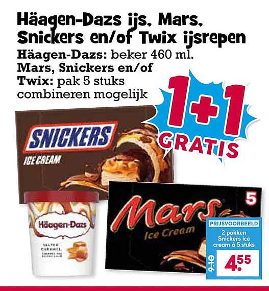 Häagen-Dazs ijs, Mars, Snickers en/of Twix ijsrepen 1+1 GRATIS