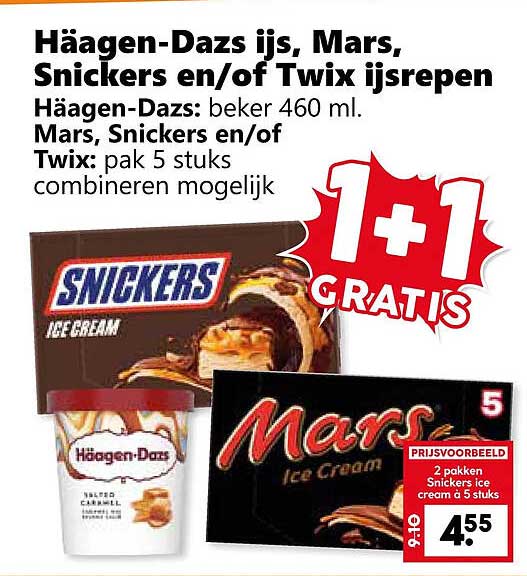Häagen-Dazs ijs, Mars, Snickers en/of Twix ijsrepen 1+1 GRATIS