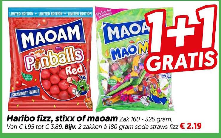 Haribo fizz, stixx of maoam Zak 160 - 325 gram. 1+1 GRATIS