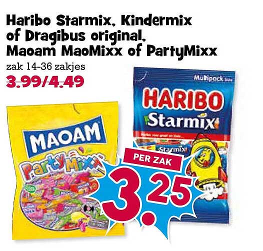 Haribo Starmix, Kindermix of Dragibus original, Maoam MaoMixx of PartyMixx