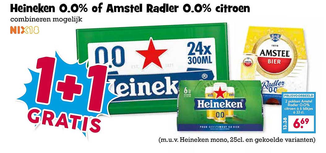 Heineken 0.0% of Amstel Radler 0.0% citroen combineren mogelijk 1+1 GRATIS