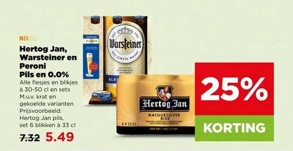 Hertog Jan, Warsteiner en Peroni Pils en 0.0% 25% KORTING
