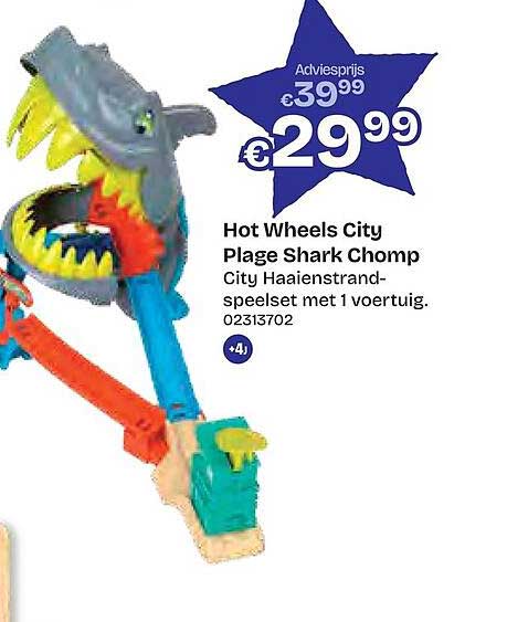 Hot Wheels City Plage Shark Chomp City Haaienstrand-speelset met 1 voertuig.