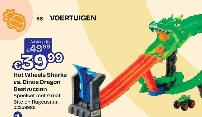 Hot Wheels Sharks vs. Dinos Dragon Destruction Speelset met Great Bite en Rageasaur