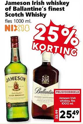 Jameson Irish whiskey of Ballantine’s finest Scotch whisky fles 1000 ml. NIX10 25% KORTING