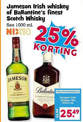 Jameson Irish whiskey of Ballantine's finest Scotch whisky fles 1000 ml. NIX18 25% KORTING