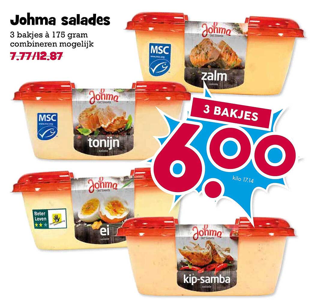Johma salades 3 bakjes à 175 gram combineren mogelijk 3 bakjes 6.00