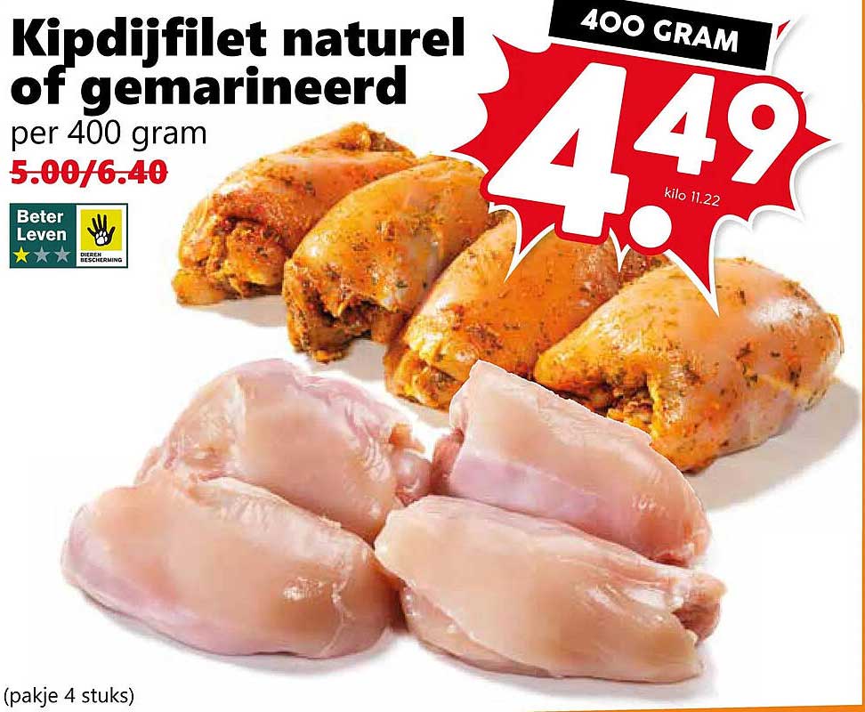 Kipdifilet naturel of gemarineerd per 400 gram
