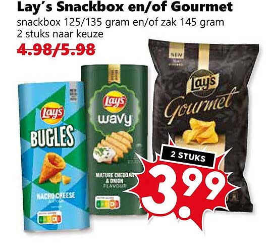Lay's Snackbox en/of Gourmet snackbox 125/135 gram en/of zak 145 gram 2 stuks naar keuze