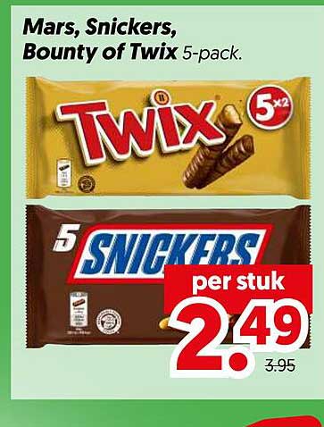 Mars, Snickers, Bounty of Twix 5-pack.