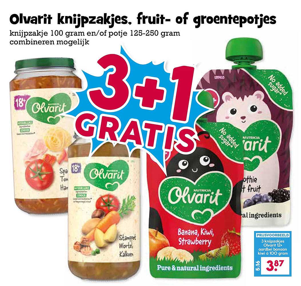 Olvarit knijpzakjes, fruit- of groentepotjes 3+1 GRATIS