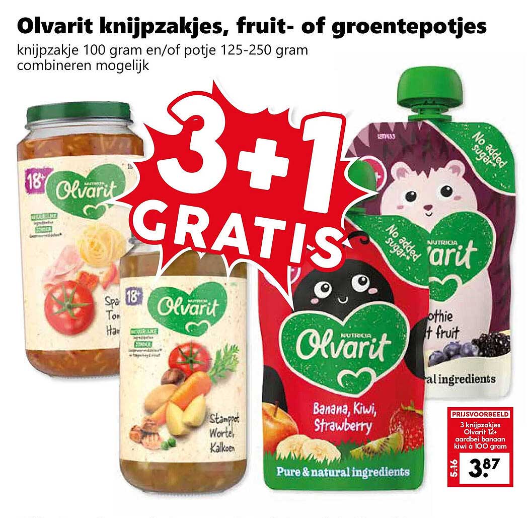 Olvarit knijpzakjes, fruit- of groentepotjes 3+1 GRATIS