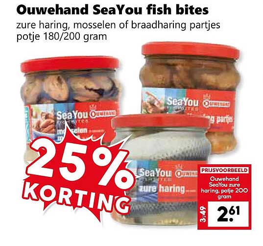 Ouwehand SeaYou fish bites zure haring, mosselen of braadharing partjes potje 180/200 gram 25% KORTING