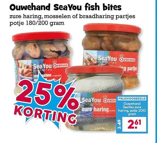 Ouwehand SeaYou fish bites zure haring, mosselen of braadharing partjes potje 180/200 gram 25% KORTING