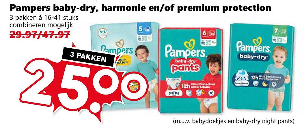 Pampers baby-dry, harmonie en/of premium protection 3 pakken à 16-41 stuks combinatie mogelijk