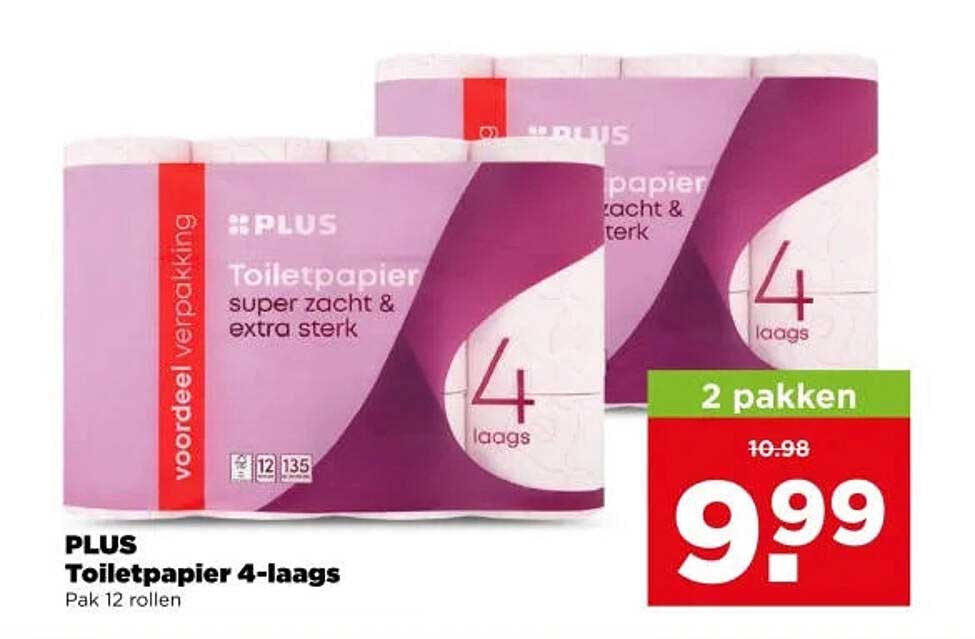 PLUS Toiletpapier 4-laags Pak 12 rollen 2 pakken