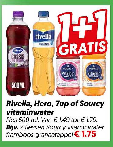 Rivella, Hero, 7up of Sourcy vitaminwater 1+1 GRATIS