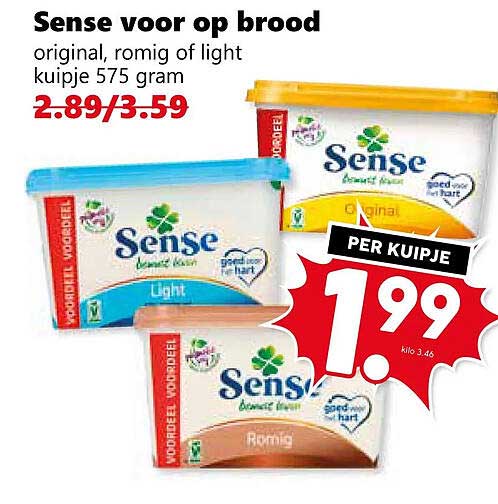 Sense v oor op brood original, romig of light kuipje 575 gram