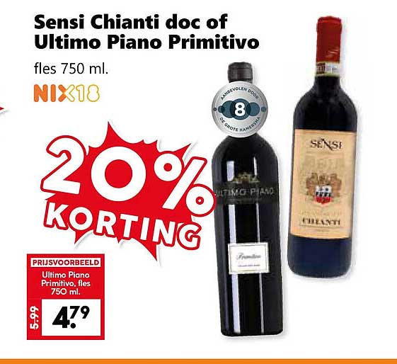 Sensi Chianti doc of Ultimo Piano Primitivo fles 750 ml. 20% KORTING