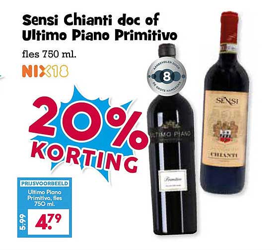 Sensi Chianti doc of Ultimo Piano Primitivo, fles 750 ml. 20% KORTING