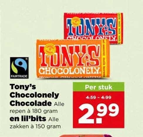 Tony’s Chocolonely Chocolade Alle repen à 180 gram en lil’bits Alle zakken à 150 gram Per stuk