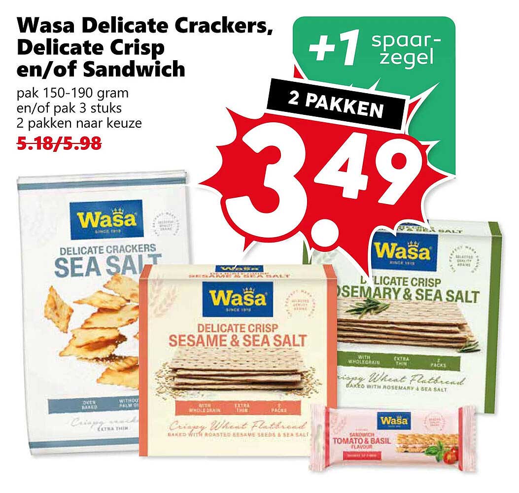 Wasa Delicate Crackers, Delicate Crisp en/of Sandwich 2 pakken naar keuze +1 spaarzegel