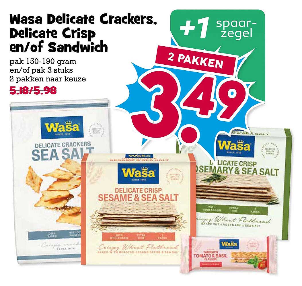 Wasa Delicate Crackers, Delicate Crisp en/of Sandwich 2 pakken naar keuze +1 spaarzegel