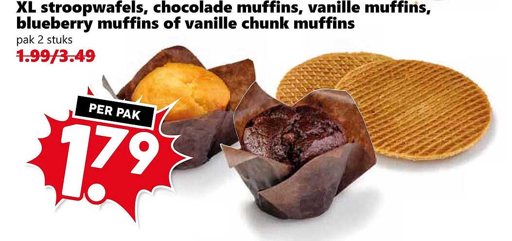 XL stroopwafels, chocolade muffins, vanille muffins, blueberry muffins of vanille chunk muffins