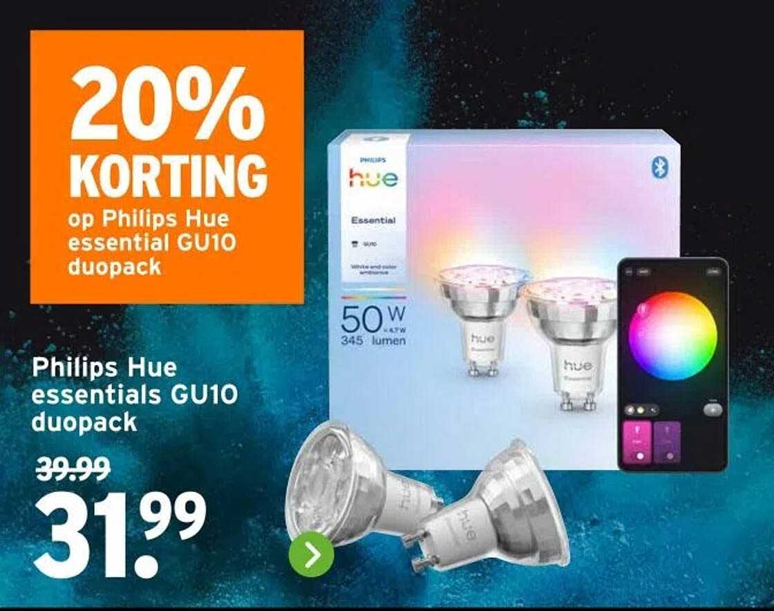 20% KORTING op Philips Hue essential GU10 duopack