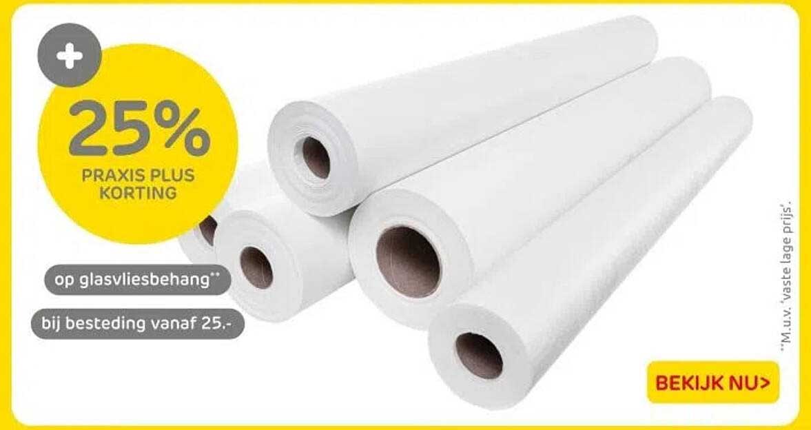 25% PRAKTIJKS PLUS KORTING op glasvliesbehangers bij besteding vanaf 25,-