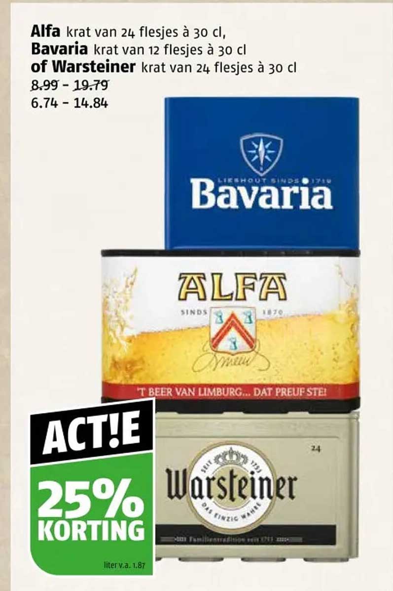Alfa krat van 24 flesjes à 30 cl, Bavaria krat van 12 flesjes à 30 cl of Warsteiner krat van 24 flesjes à 30 cl