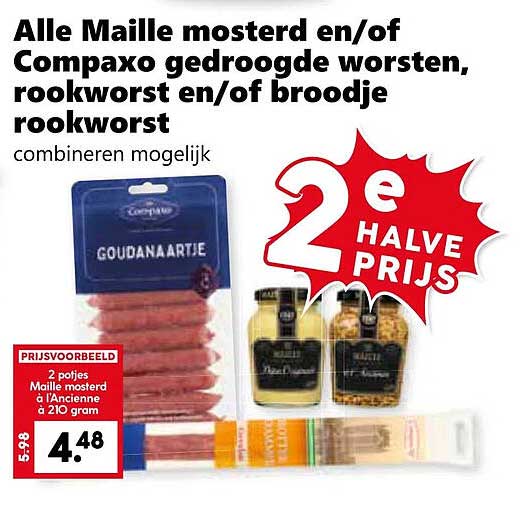 Alle Maille mosterd en/of Compaxo gedroogde worsten, rookworst en/of broodje rookworst