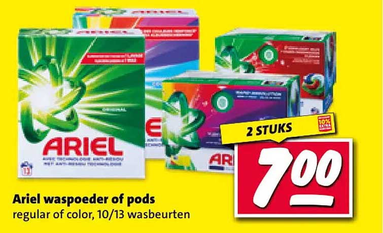 Ariel waspoeder of pods regular of color, 10/13 wasbeurten