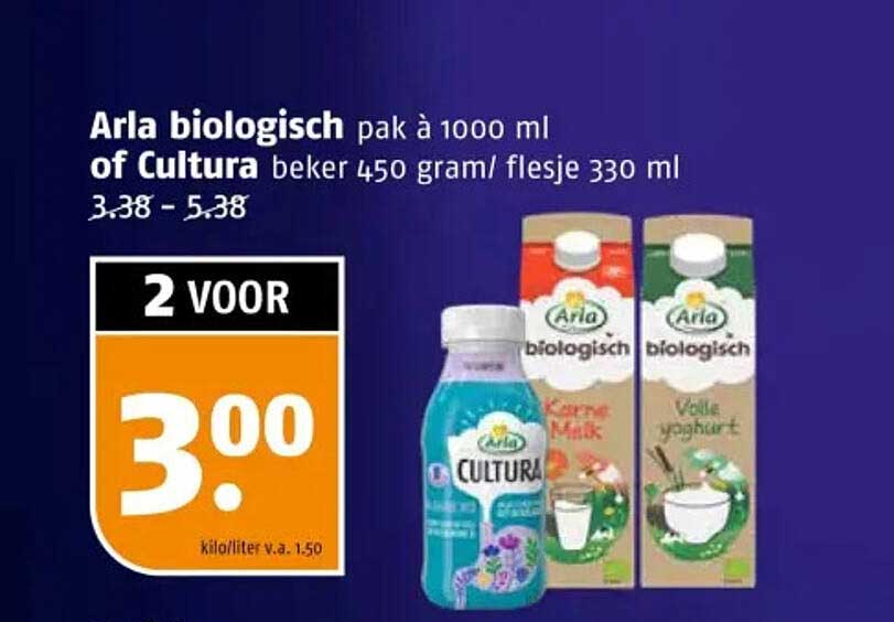 Arla biologisch pak à 1000 ml of Cultura beker 450 gram/ flesje 330 ml