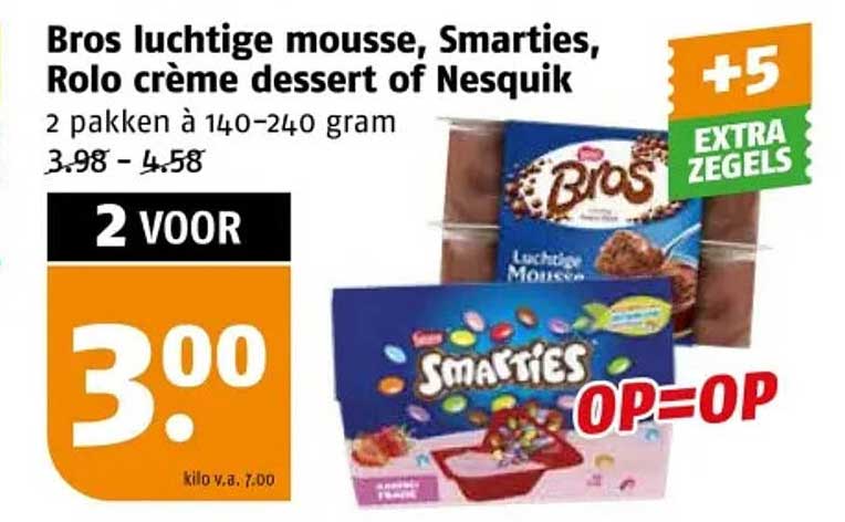 Bros luchtige mousse, Smarties, Rolo crème dessert of Nesquick