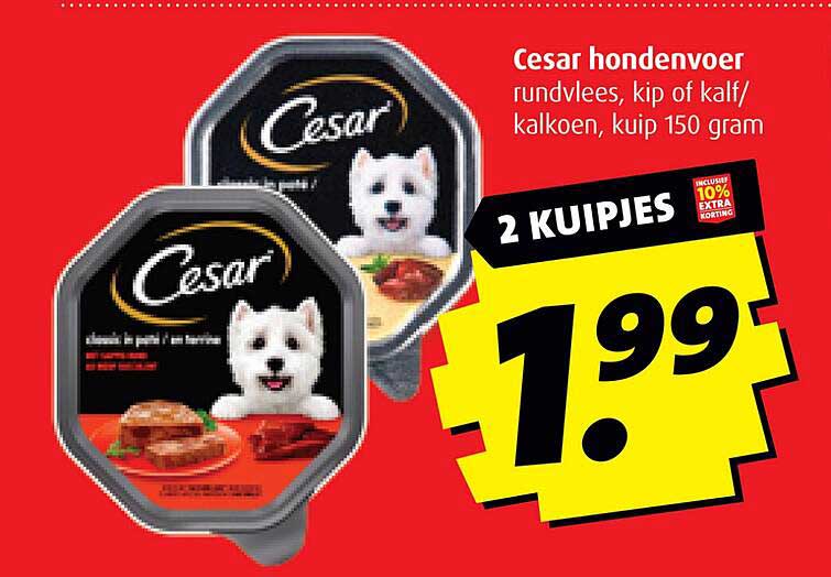 Cesar hondenvoer rundvlees, kip of kalf/kalkoen, kuip 150 gram